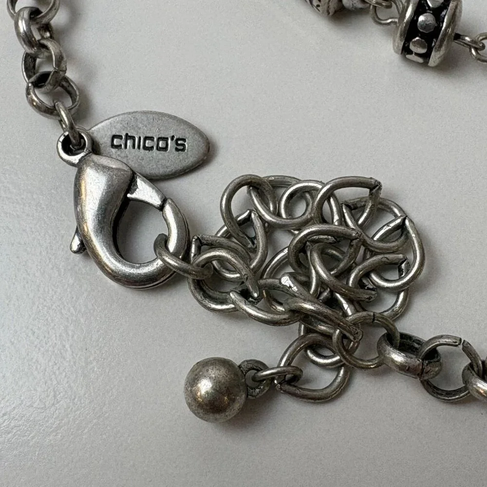 Chicos‎ Silver-Tone Beaded Necklace  Intricate Designs & Lobster Clasp 36”
